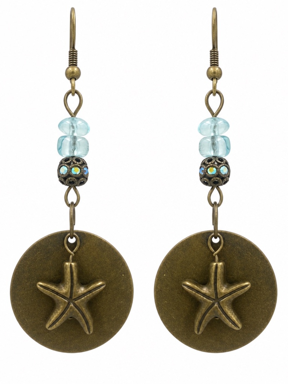 Bronze Starfish Earrings with Aqua Glass and Rhinestone Bead Accents